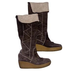 Michael Kors Y2K Suede Shearling Wedge Boots Brown Cozy Winter Boho Boots 10